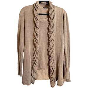 LAFAYETTE 148 New York Brown Linen Cotton Inox Long Line Twin set Sweater Large